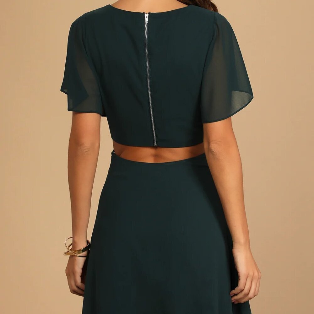 Like New Lulus Blissful Love Cutout Mini Skater Dress, Dark Green, Size Small - Picture 2 of 6